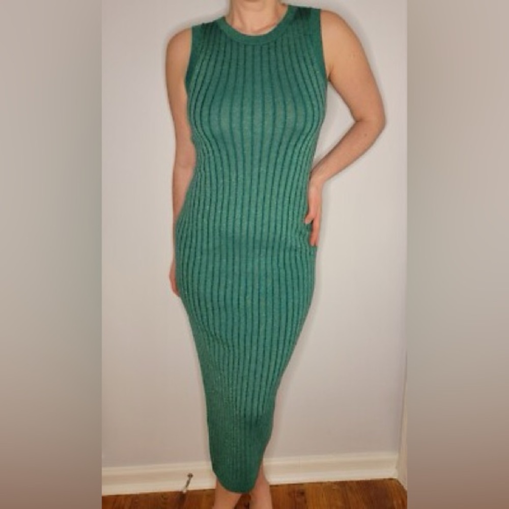 House of Harlow 1960 Aquamarine Green Sparkly Knit Back Cut-Out Midi Dress S
